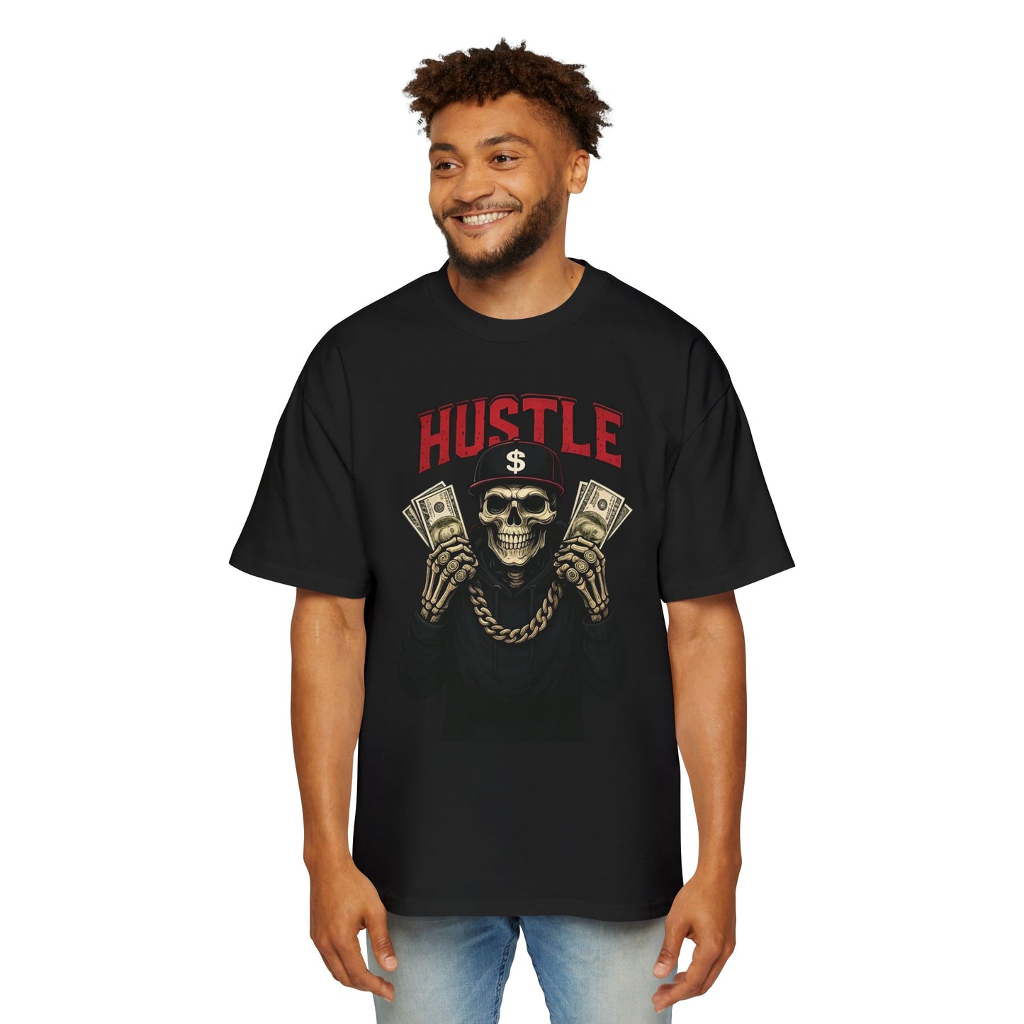 Hustle Till You Make It" Skull Streetwear Tee – Bold Urban Grind Oversize T-Shirt