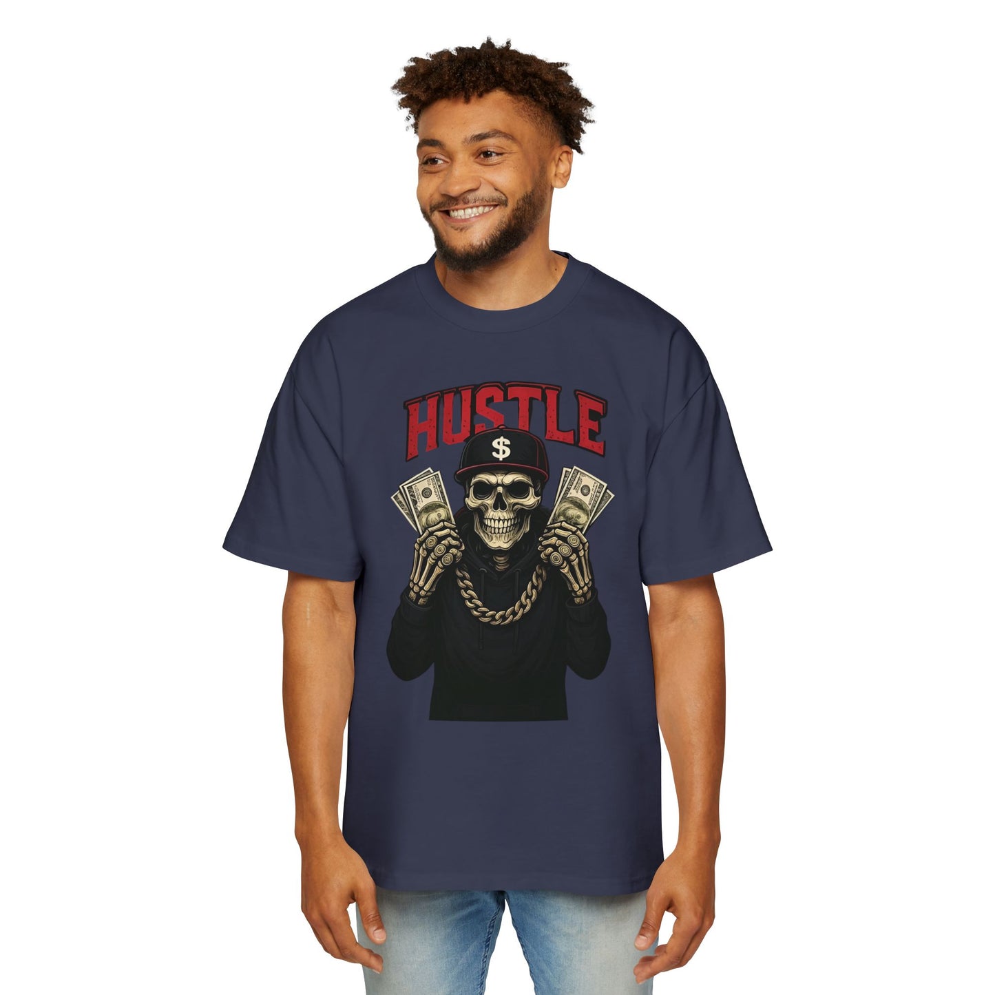 Hustle Till You Make It" Skull Streetwear Tee – Bold Urban Grind Oversize T-Shirt