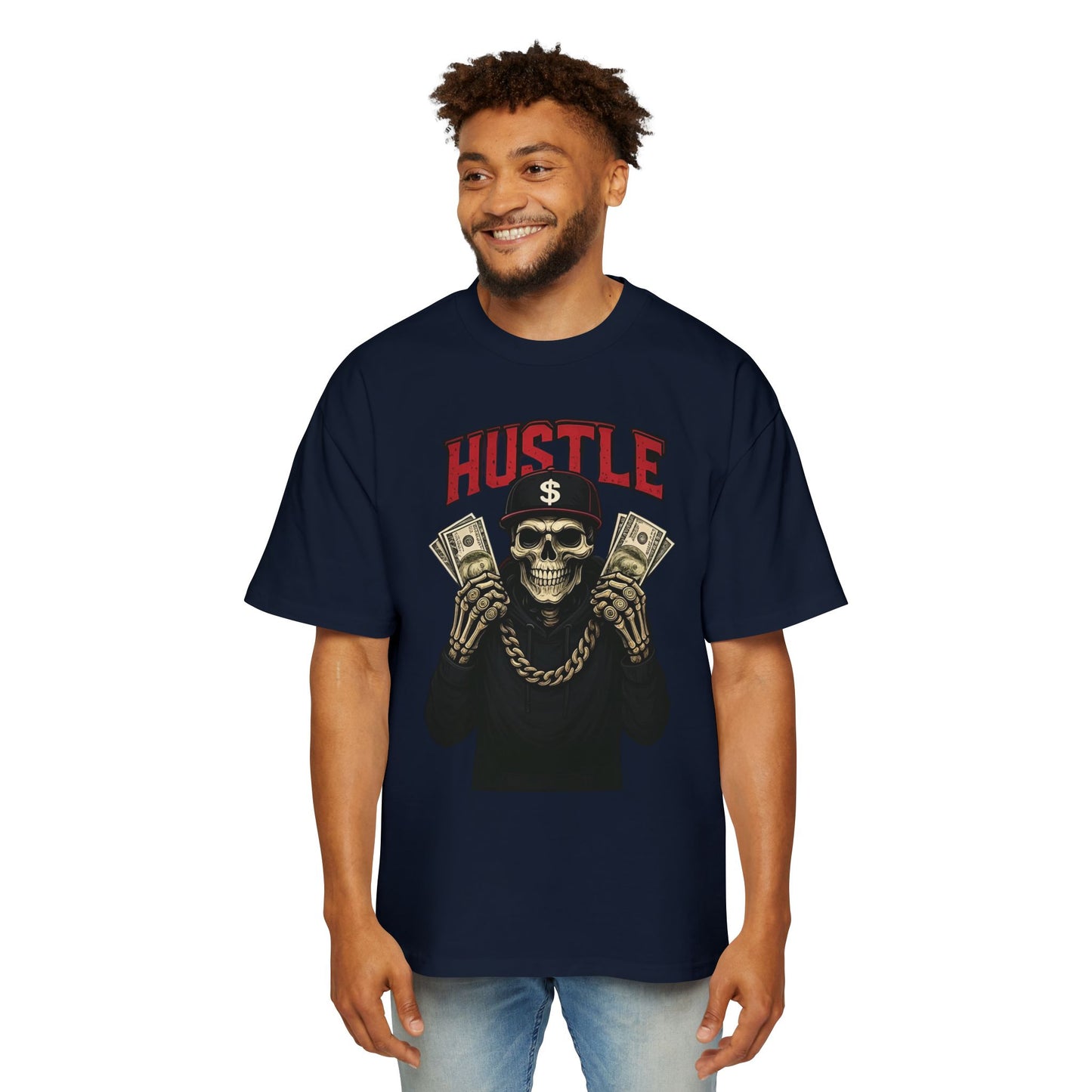 Hustle Till You Make It" Skull Streetwear Tee – Bold Urban Grind Oversize T-Shirt